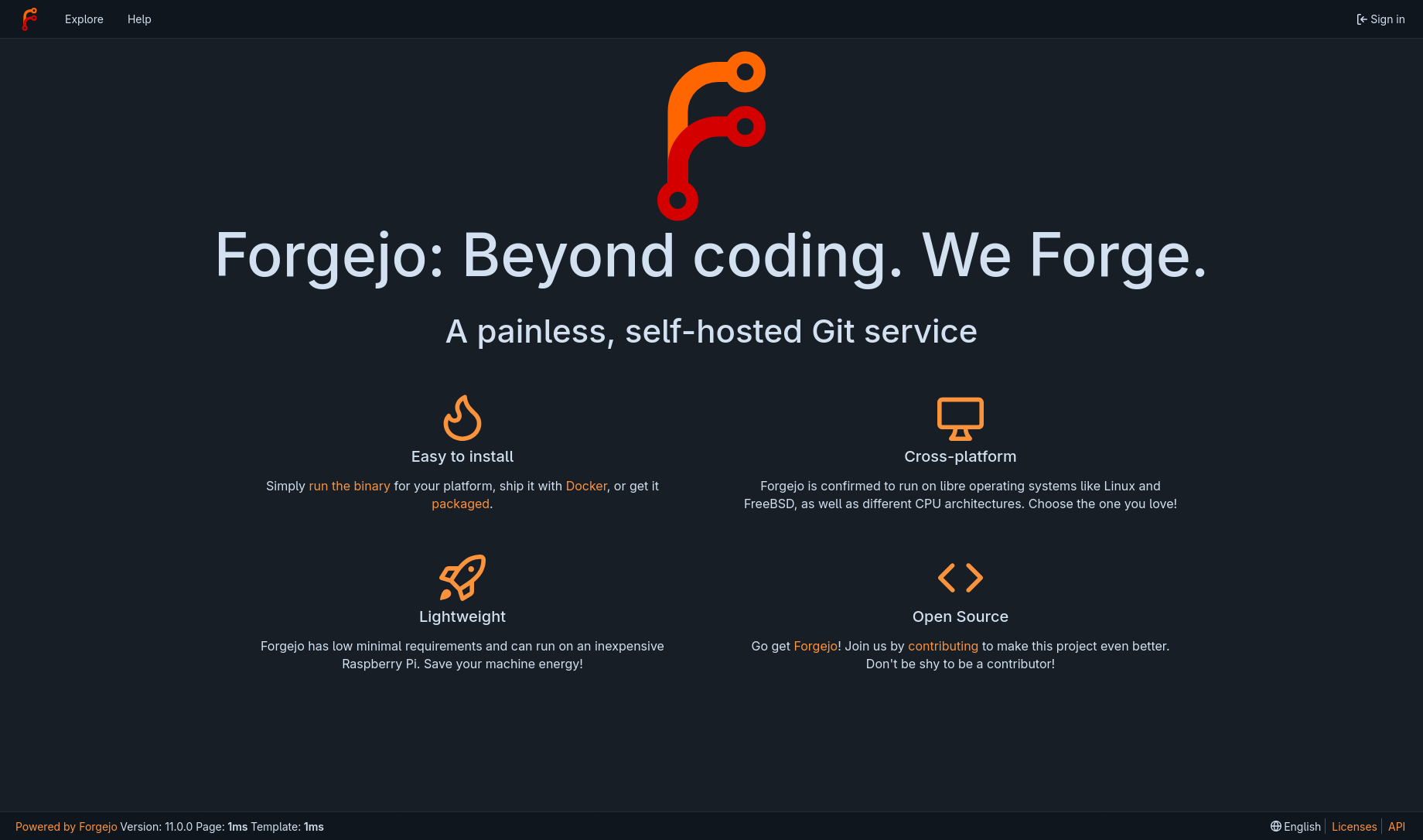 Screenshot of Forgejo, main page on ECO's instance